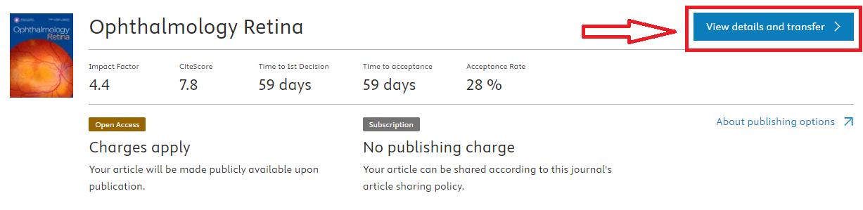 Screen shot of a journal suggestions listing in Transfer Your Manuscript, showing where to click to view details and transfer.